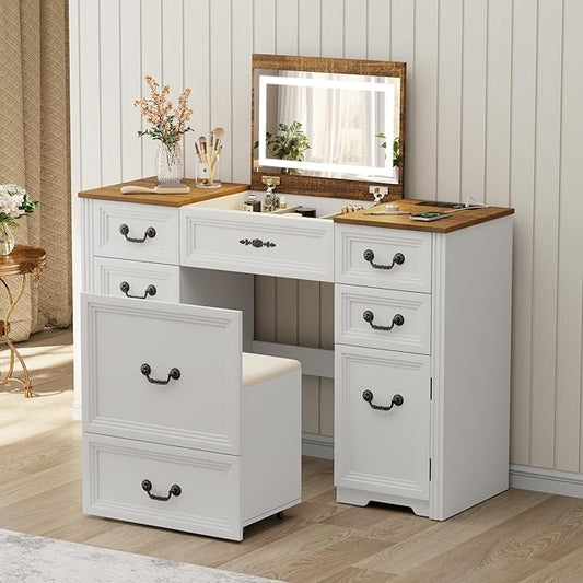 Farmhouse Vanity Desk with Flip up Vanity Mirror and Lights,Rustic Makeup Vanity with Charging Station and Hidden Drawer,Vanity Table Set with Drawers/6-Compartment/Cabinets,White