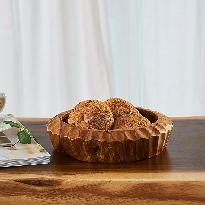 Teak Handcrafted Wooden Bowls Natural Wood Round Utility Bowl 7.9" W Handmade Rustic Serving Platter Fruit Snack Holder for Entry Table Vintage Artworks Dining Room Home Décor