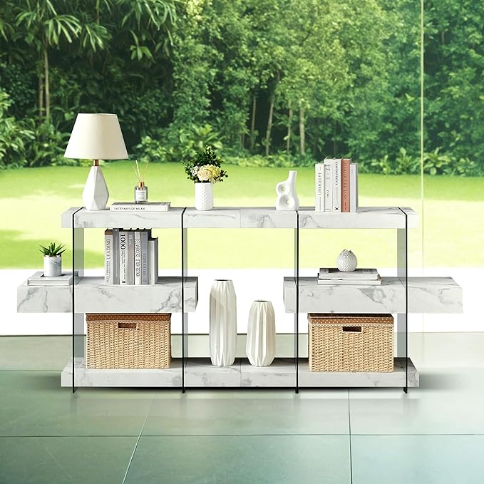 ivinta Glass Console Table with Storage Shelves, 3-Tier Modern Entryway Table with Hidden Drawer for Living Room Hallway or Entrance, 5104 (White, 39")