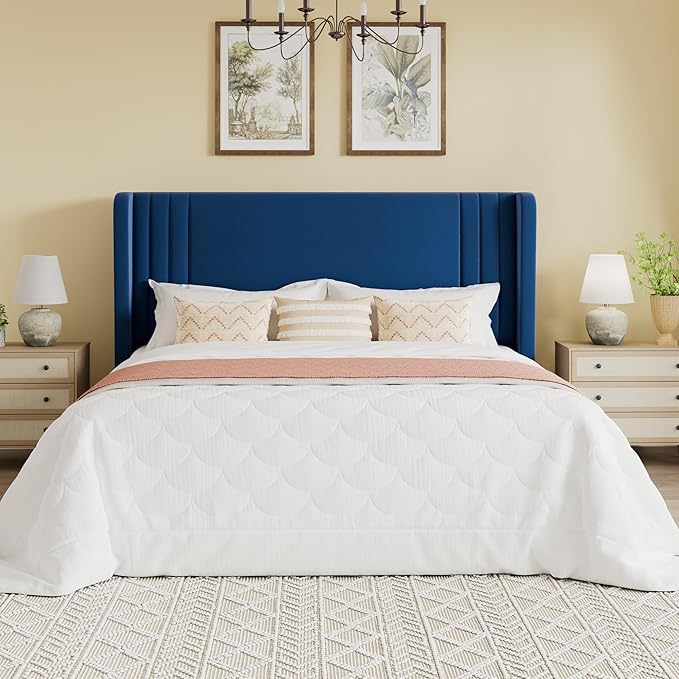 SHA CERLIN Queen Size Velvet Upholstered Platform Bed Frame with Vertical Channel Tufted Wingback Headboard, Wooden Slats Support, Easy Assembly, Under Bed Storage, No Box Spring Required, Blue