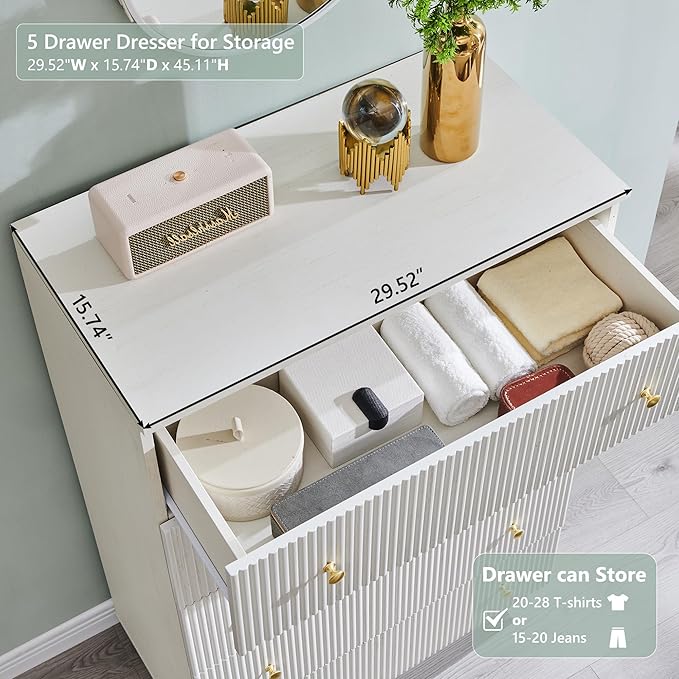 Fluted Dresser for Bedroom, White 5 Drawer Dressers, Wood Tall Dresser Storage Organizer, Chest of Drawers with Deep Storage, Modern Bedroom Chest for Closet Hallway, Entryway, Living Room