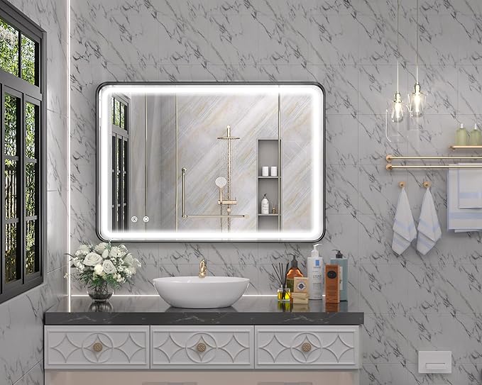 Hasipu LED Bathroom Mirror with Lights 40 x 26 Inch, Black Metal Frame Light Mirror for Vanity Anti-Fog, Dimmable, 3 Colors (Horizontal/Vertical)