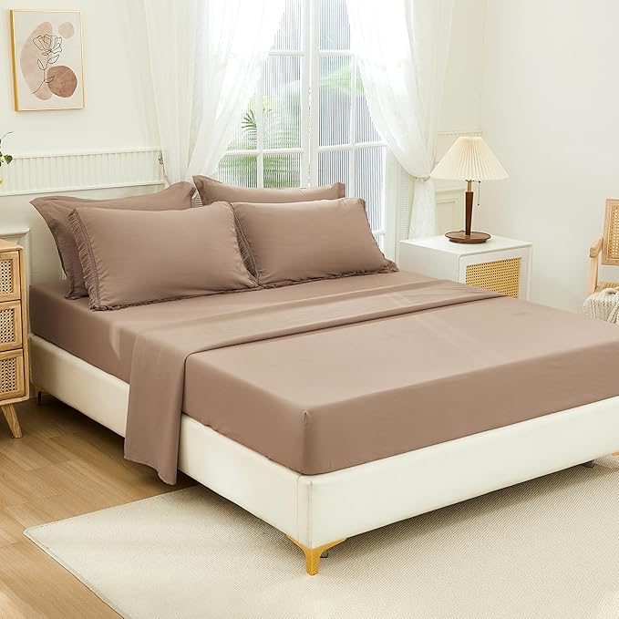 Andency Taupe California King Size Comforter Set with Sheets - 7 Pieces Boho Tassel Bed in a Bag Soft Lightweight Bedding Sets, Taupe Fringe Bed Set with Comforter, Sheets, Pillowcases & Shams