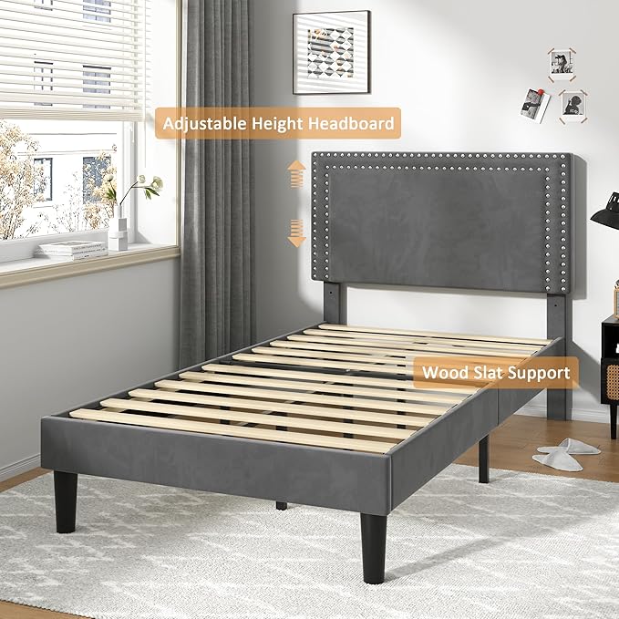 VECELO Twin Size Platform Bed Frame with Adjustable Upholstered Headboard, Strong Wood Slat Support, No Box Spring Needed, Easy Assembly