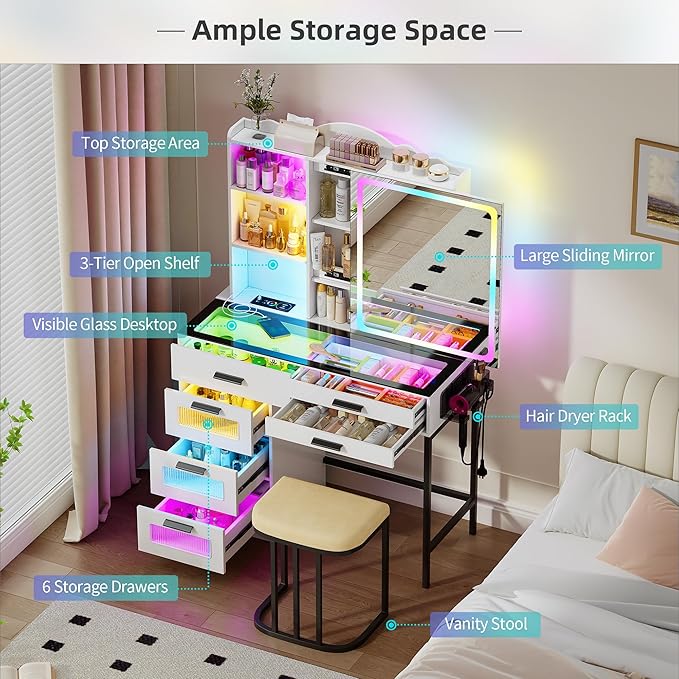 RGB Vanity Desk with Sliding Mirror and Lights,Makeup Vanity with Charging Station,LED Vanity Table with Glass Top,Girls Vanities Dressing Table Set with Stool&6 Drawers for Bedroom(White