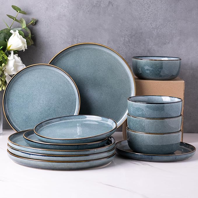 GBHOME Ceramic Dinnerware Sets for 6, 18 Pieces Stoneware Plates and Bowls Sets, Scratch Resistant Dishes, Dishwasher & Microwave Safe, Space Blue