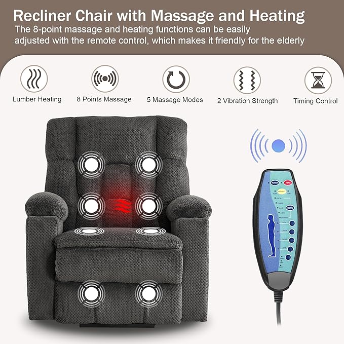 SALOHZA Power Lift Recliner Chair for Elderly with Massage and Heat for Living Room, Electric Recliner Chair for Adults with USB/Type C Port/Cup Holders, Velvet Fabric, Dark Gray