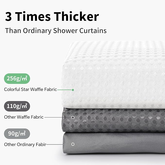 Colorful Star 256GSM Waffle Weave Heavy Duty Shower Curtains, No Hook Shower Curtain with Snap in Fabric Liner, Hotel Style Waterproof Bathroom Curtain Set, 72 x 75 Inch, White