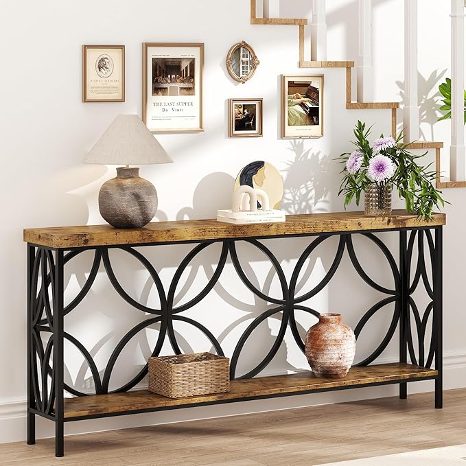 karlott 70.9 inch Extra Long Console Table, Industrial Sofa Table Behind Couch with 2 Tier Storage Shelf, Narrow Long Entryway Table for Living Room, Foyer, Hallway, Office, Rustic Brown