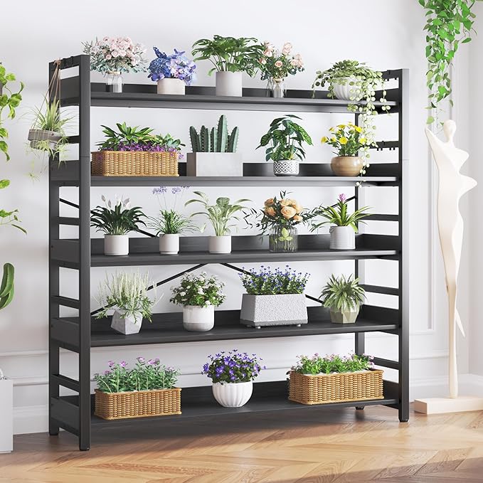 HCHQHS 5 Tier Bookshelf, Adjustable Industrial Bookcase, Vertical Tall Book Shelf, Wood and Black Metal Open Bookshelves for Home Office, Living Room, Bedroom