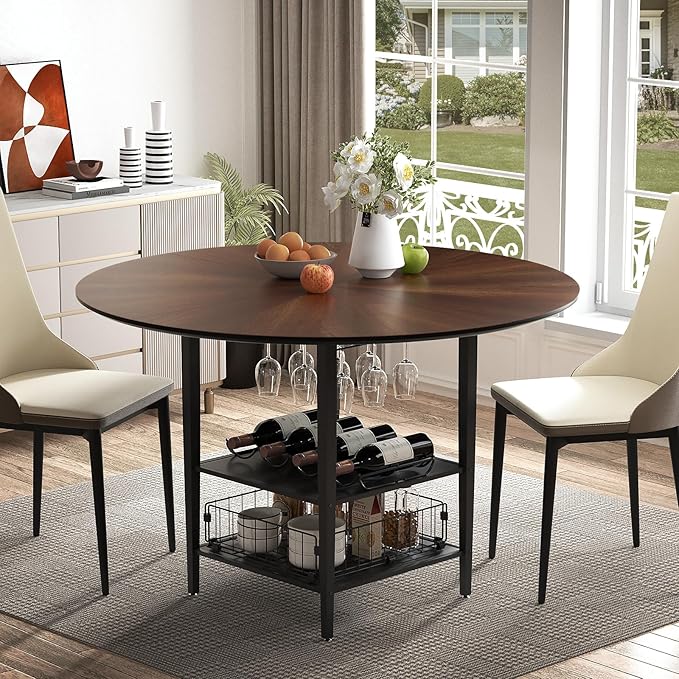VFK 47 Inch Round Dining Table Set, Modern Wood Dining Table with Double Storage Rack, 2 Person Dining Table and Chair Set for Kitchen, Dining Room, Living Room