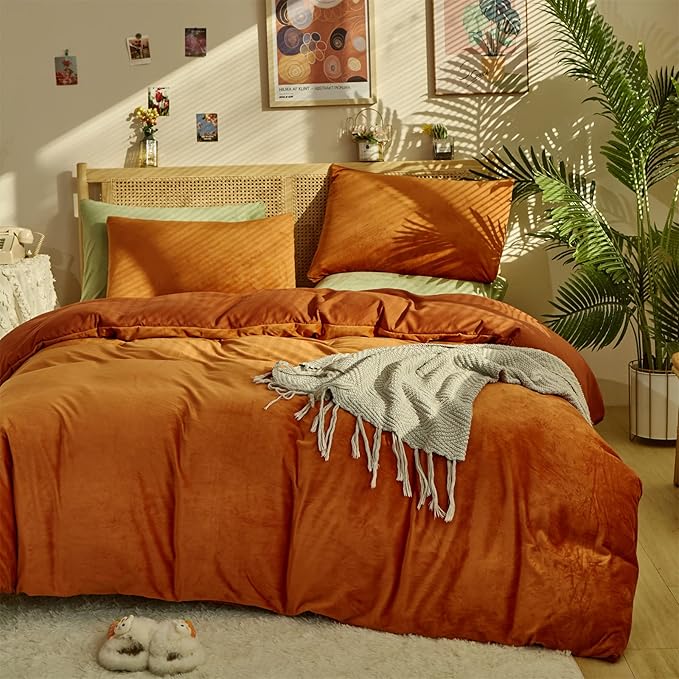 CLOTHKNOW Burnt Orange Queen Comforter Set 3Pcs Velvet Bedding Comforter Sets Rust Comforter Terracotta Comforter Queen with 2 x Pillow Cases