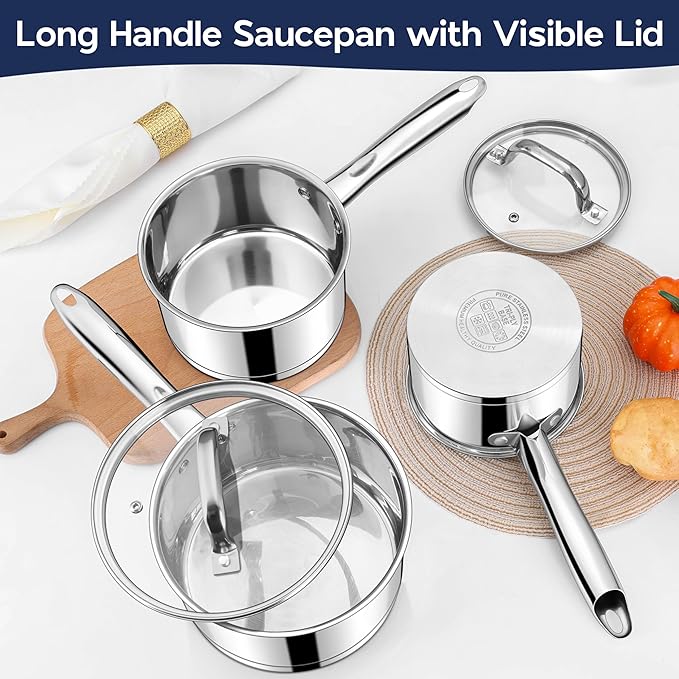 LIANYU Stainless Steel Saucepan with Visible Lid, 1QT & 2QT & 3QT Sauce Pan Sets, Multi-Purpose Small Induction Cooking Pots for Home Kitchen, Healthy & Non-Toxic, Oven & Dishwasher Safe
