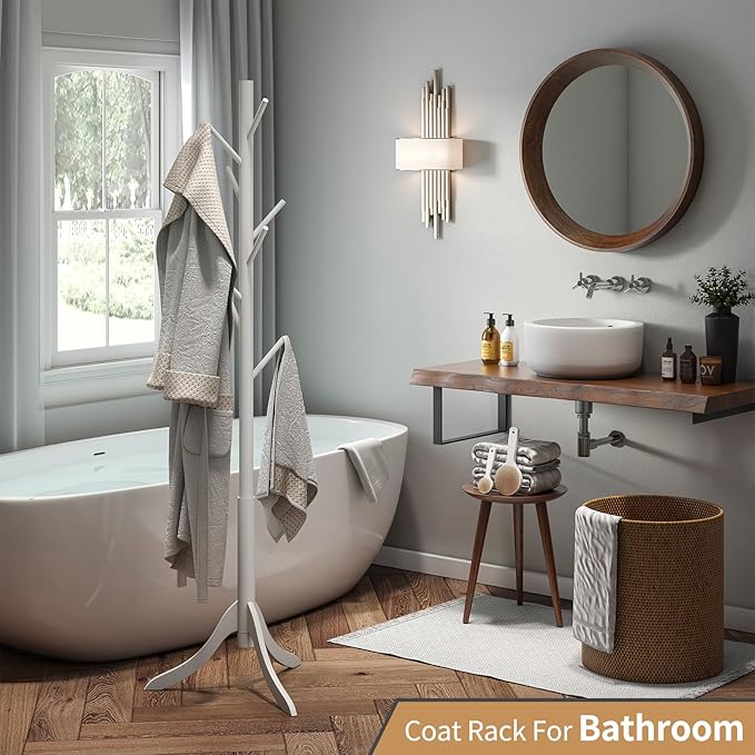 Coat Rack Freestanding, Coat Stands Entryway, Bamboo Coat Rack Hat Hanger 8 Hook for Jacket, Purse, Scarf Rack, Umbrella Tree Stand (White)