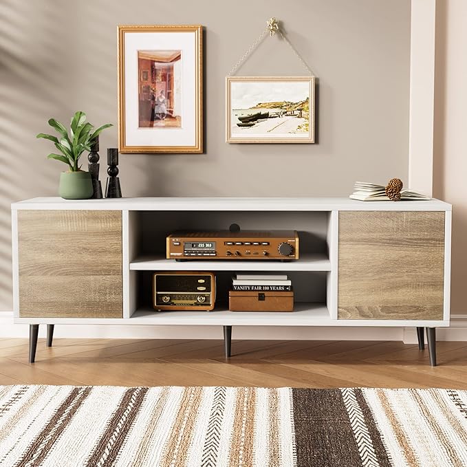 JUMMICO TV Stand for 65 Inch TV, Mid Century Modern TV Stand, Entertainment Center with Storage Cabinet and Open Shelves, TV Console Table Media Cabinet for Living Room, Bedroom and Office (Oak)