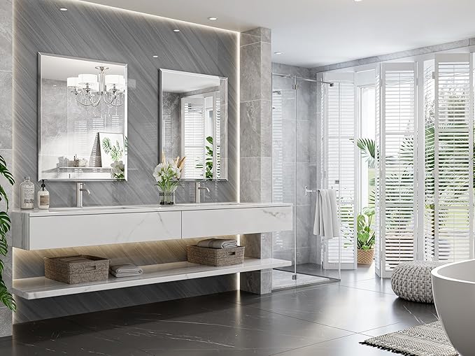 Bathroom Mirrors for Wall Beveled, 28"x36" Frameless Bathroom Vanity Mirror, Wall Mount Mirror for Bedroom Entryway Living Room Hangs Horizontally or Vertically