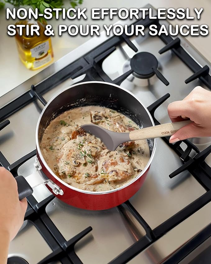 Cook N Home Non Stick Sauce Pan, 3 Quarts Saucepan with Glass Lid, Nonstick Small Multi-purpose Pot, Milk Chocolate Aluminum Cooking Pot Pan with Stay-Cool Handle, Marble Red