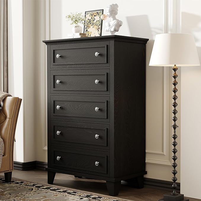 GAOMON Black 5 Drawer Dresser for Bedroom, 48" Tall Wood Dresser & Chests of Drawers with Deep Drawers, Modern Chest Organizer with Metal Handles for Living Room, Hallway, Entryway