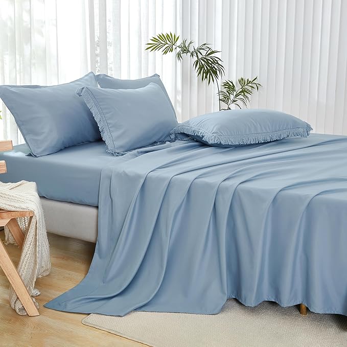 Andency Full Size Comforter Set Grayish Blue -7 Pieces Boho Tassel Bed in a Bag Soft Lightweight Bedding Sets, All Season Fringe Bed Set with Comforter, Sheets, Pillowcases & Shams