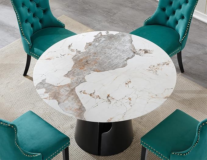 5-Piece Faux Marble Round Dining Table Set for 4, Modern Luxury Kitchen Table Set for 4 with Green Tufted Chairs,Circle Dining Tables with Pandora Grain Top and Black Pedestal Base