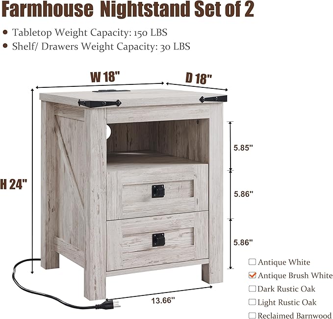 T4TREAM Farmhouse Nightstand Set of 2 with Charging Station, Rustic End Table with 2 Drawers, Storage Open Shelf for Bedroom, Living Room, Wood Side Table, Antique Brush White