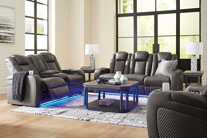 Signature Design by Ashley Fyne-Dyme Contemporary Power Reclining Loveseat with Console, USB Charging Ports and Adjustable Headrest, Gray