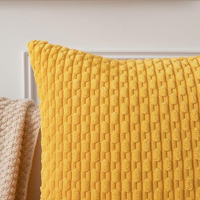 Kevin Textile Velvet Pillow Covers Striped Decorative Throw Cushion Case with Hidden Zipper for Home Couch/Bedroom 2 Pack (24x24 Inch Yellow)