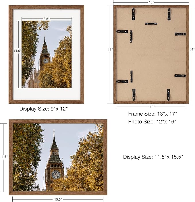 Axeman 12x16 Picture Frame with Mat for 8.5x11, Solid Oak Wood Frame w/Tempered Real Glass, Wooden Certificate Document Frame Horizontal and Vertical Formats for Wall with Wall Hook Included, Walnut