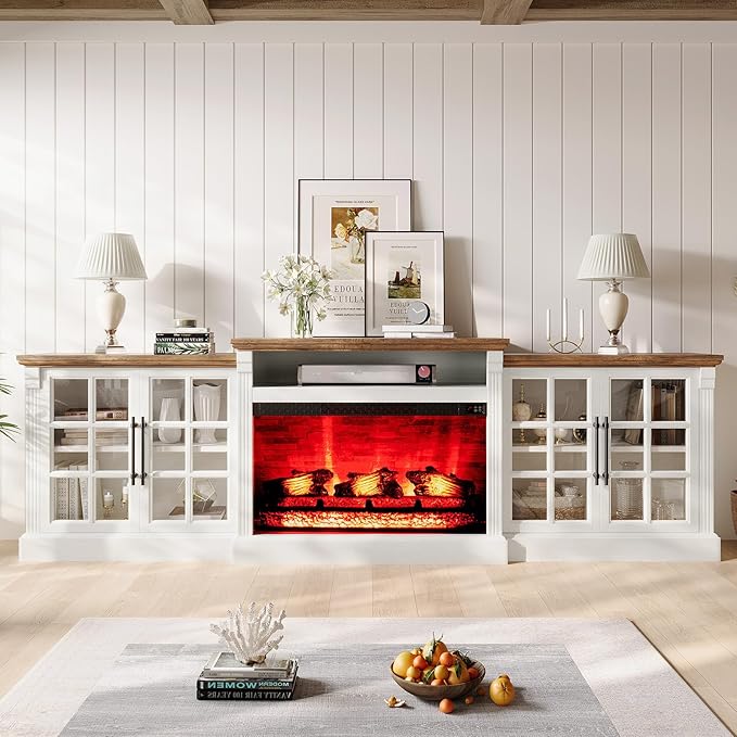 97" Farmhouse TV Stand with 33" Fireplace for TVs up to 100", Media Entertainment Center with Large Storage Cabinet and Adjustable Shelves for Living Room, White/Barnwood