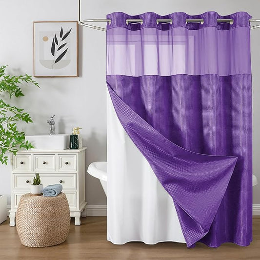 Colorful Star No Hook Shower Curtain with Snap in Fabric Liner, Waffle Weave Heavy Duty Thick Shower Curtains with Mesh Top Window, Hotel Style Waterproof Bathroom Curtain Set, 72 x 75 Inch, Purple