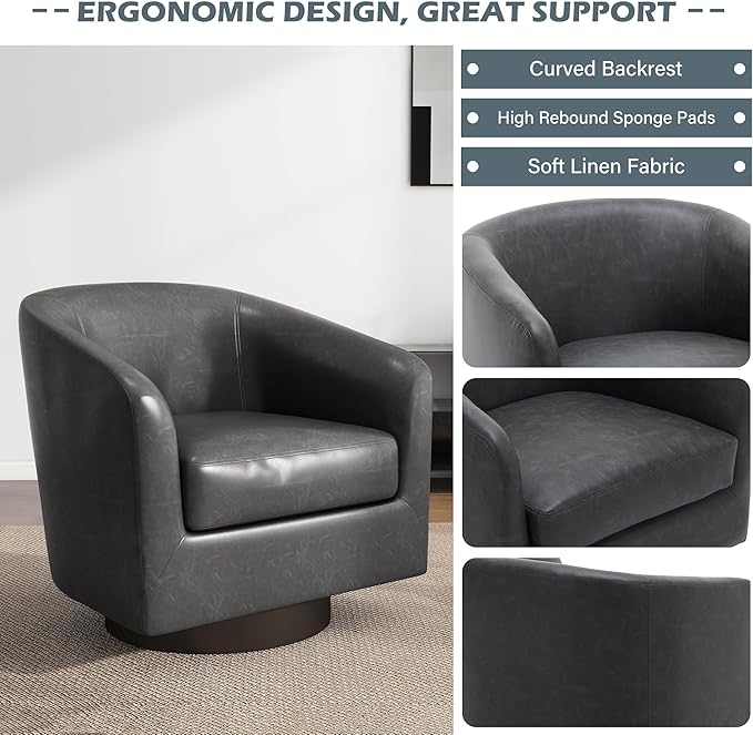 UIXE PU Leather Swivel Barrel Accent Chair Armchair for Living Room, Modern Round Club Arm Chair Upholstered Single Sofa Seating Corner Nook Side Reading Seat - Black
