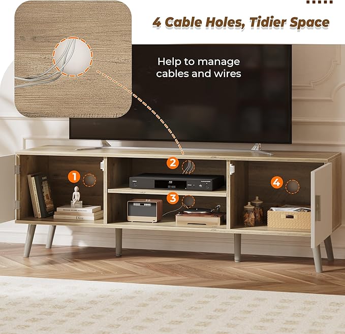 SUPERJARE TV Stand for 55 Inch TV, Entertainment Center with Adjustable Shelf, 2 Cabinets, TV Console Table, Media Console, Solid Wood Feet, Cord Holes, for Living Room, Bedroom, Gray and White