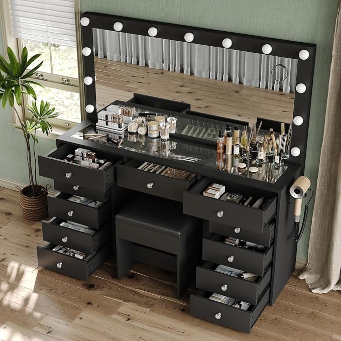 Vanity Desk, 11 Drawers Makeup Vanity with Power Outlet, Vanity Table with Mirror and Lights, 3 Color Lighting Modes, Dressing Table for Bedroom (Black)