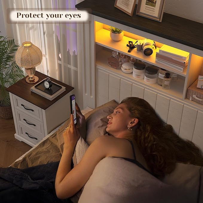 EnHomee King Size Bed Frame and Headboard & Storage, 4 Drawers and LED Built in Charging Station King Bed Frame with Storage Farmhouse,NO Noise,No Box Spring Needed,White