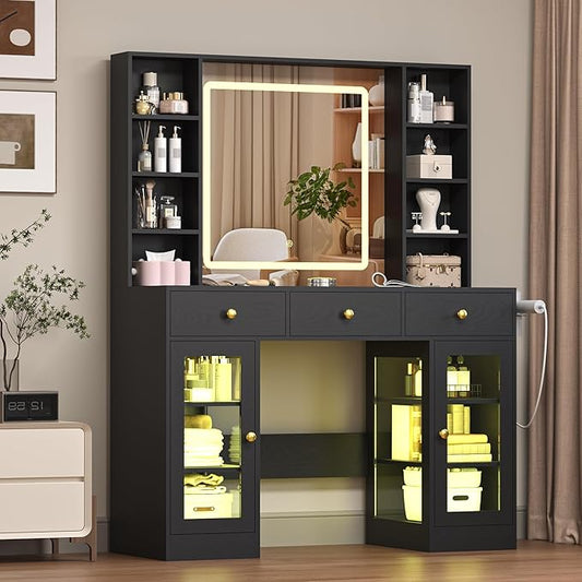Vanity Desk with Mirror and Lights, Black Makeup Vanity with Glass Top & Drawers, 3 Lighting Modes, Power Outlet, RGB Glass Cabinets, Modern Dressing Table for Bedroom, Girls, Women, Teens