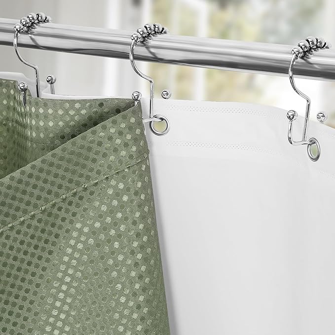 3 in 1 Stall Half Size Shower Curtain Set-36 W x 72 H, Sage Green Waffle Waterproof Fabric and PEVA Liner Set with Stainless Steel Hooks