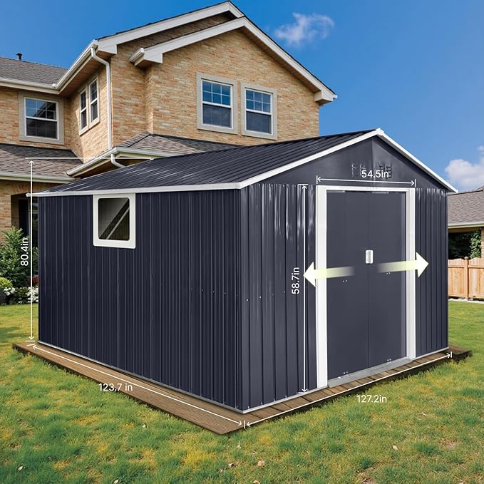 11x10.6 Ft Outdoor Storage Shed, Heavy-Duty Metal Shed with Windows & Secure Lockable Doors, Ideal Storage Shed for Outdoor, Patio, Garden, and Backyard, Black