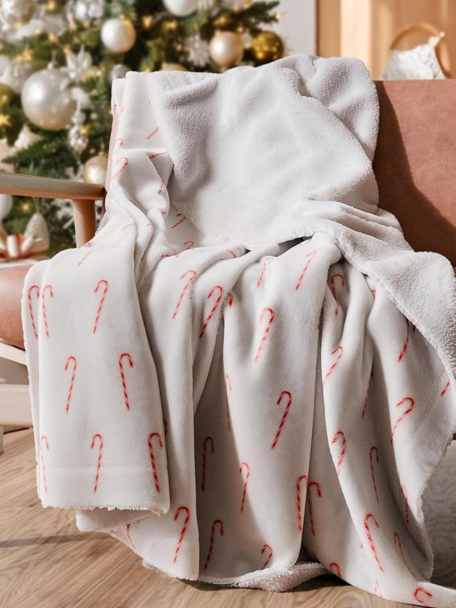 Christmas Sherpa Blanket Throw Size - Reversible Sherpa Fleece Blanket - Super Soft Double Sided Throw for Bed, Sofa, Couch - Thick, Warm, Soft & Plush - Cozy Xmas Winter Bedding - Candy Cane, 50x60