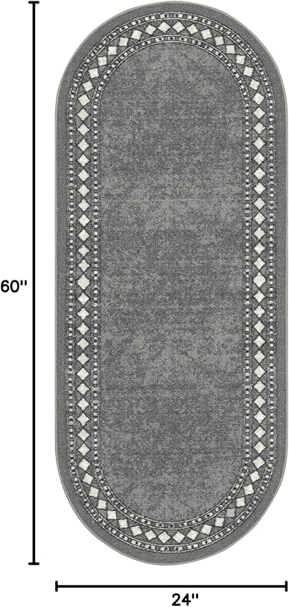 Antep Rugs Alfombras Modern Bordered 2x5 Non-Skid (Non-Slip) Low Profile Pile Rubber Backing Kitchen Area Rugs (Gray, 2' x 5' Oval)