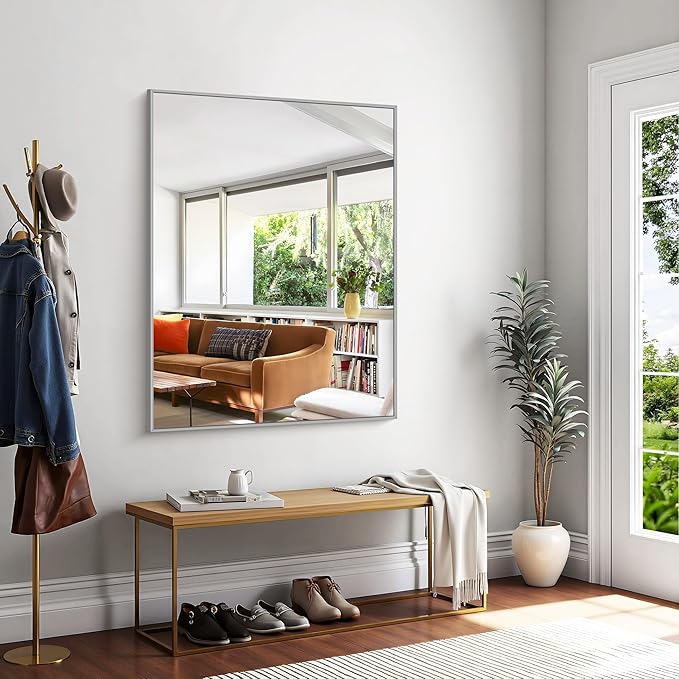 KOCUUY Silver Bathroom Mirror, 48"x36" Large Rectangular Mirror with Metal Frame, Brushed Nickel Vanity Mirror with Modern Design for Bathroom, Living Room, Entryway, Hang Horizontal/Vertical