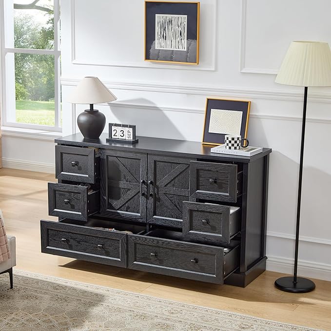 LIDYUK 6 Drawer Black Dresser for Bedroom Farmhouse Dresser Chest of Drawers, 55" Wide Clothes Organizer with Storage Cabinet Wood Chest of Drawers for Bedroom, Living Room