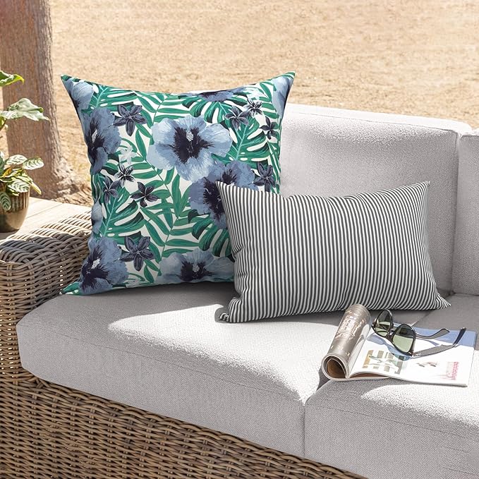 Outdoor Throw Pillows with Inners, All Weather Patio Pillows Set of 2, Square Pillows Decorative for Home Garden Furniture, 20x20 Inch, Blue Salmone Tropical