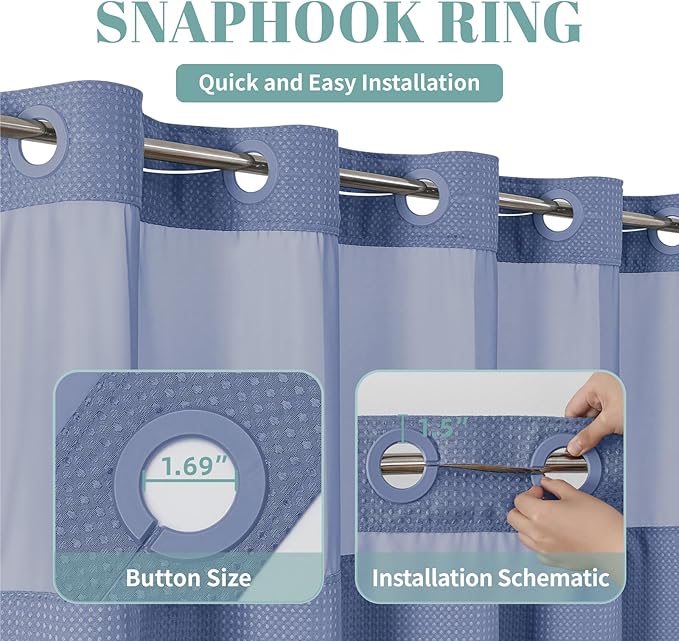 MoonLightBlue No Hook Waffle Weave Shower Curtain with snap-in Liner Replacement, 230GSM Waterproof Fabric Hotel Shower Curtain Set for Bathroom, Through Mesh Top Window,71Wx77H