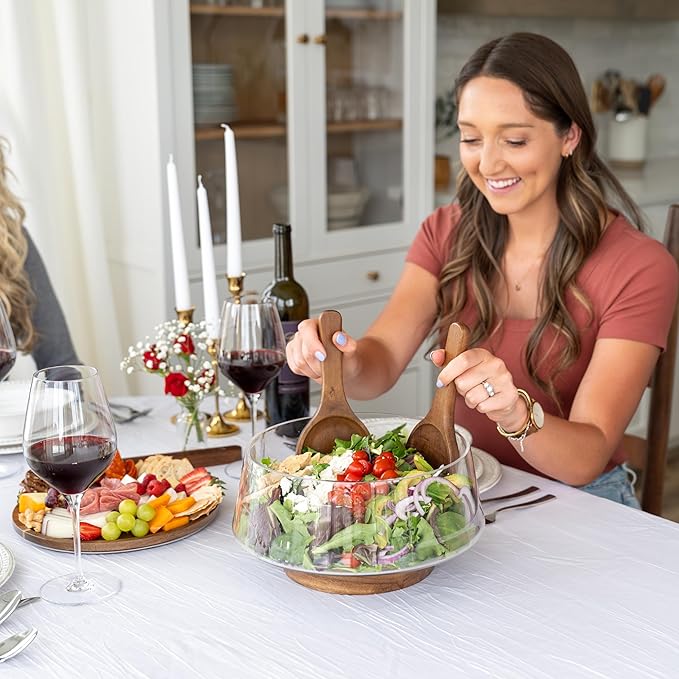 Large Glass Salad Bowl with Lid Set, 5.7 L Decorative Glass Mixing Bowl, Trifle and Serving Bowls with Lids as Cheese Charcuterie Board and Plate, Comes with Wood Serving Utensils