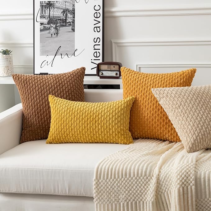 Kevin Textile Throw Pillow Covers Soft Corduroy Decorative Set of 2 Boho Striped Pillow Covers Pillowcases Farmhouse Home Decor for Couch Bed Sofa Living Room 26x26 Inch Golden Yellow