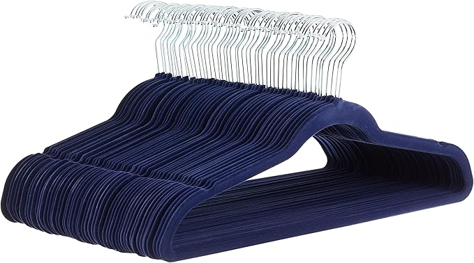 Amazon Basics Slim, Velvet, Non-Slip Suit Clothes Hangers, Navy Blue/Silver - Pack of 50