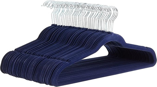 Amazon Basics Slim, Velvet, Non-Slip Suit Clothes Hangers, Navy Blue/Silver - Pack of 50