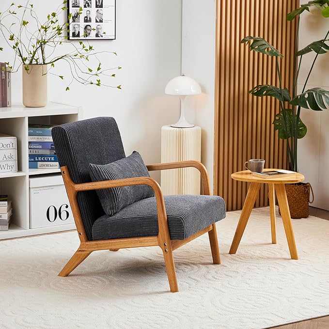 IKIFLY Mid Century Modern Accent Chair with Pillow, Upholstered Lounge Armchair with Solid Wood Frame, Reading Chair with Lumbar Cushion for Living Room, Office, Reading Room, Bedroom - Dark Grey