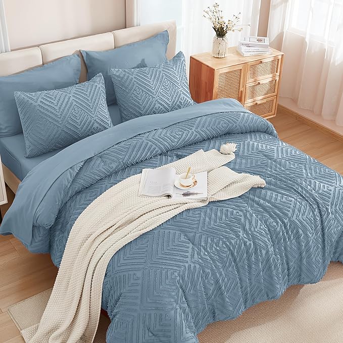 Andency Queen Size Comforter Set 7 Piece Grayish Blue - Bed in a Bag Queen Boho Lightweight Fluffy Tufted Bedding Sets with Comforter, Sheets, Pillowcases & Shams