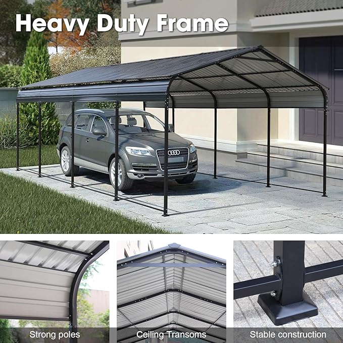 COBANA Metal Carport, 12X20 FT Heavy Duty Carport Canopy with Steel Roof and Frame, Car Shelter Garage for Pickups, Cars, Boats and Tractors